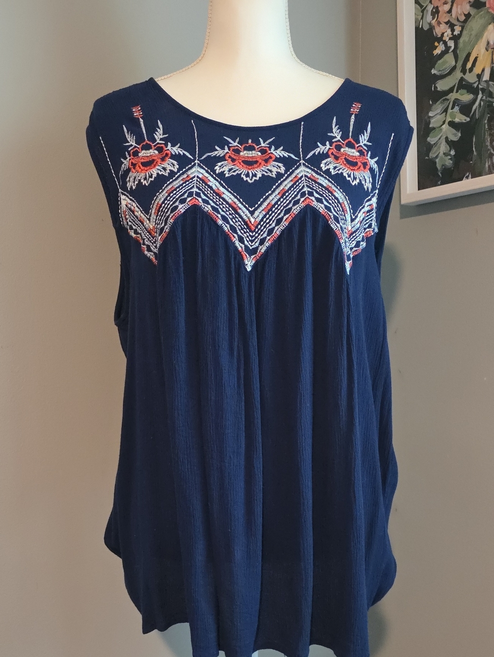 St. John's Bay Navy Embroidered Yoke Tank Size XXL